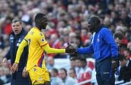 LIVERPOOL, ENGLAND - APRIL 23:  Christian Benteke (L) of Crystal Palace celebrates scoring his side's first goal with his team mate Bakary Sako (R) during the Premier League match between Liverpool and Crystal Palace at Anfield on April 23, 2017 in Liverpool, England.  (Photo by Laurence Griffiths/Getty Images)